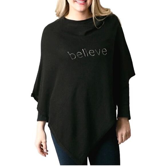 Poncho with Silver Sequins Believe  Cotton Blend Black One Size - Picture 1 of 9
